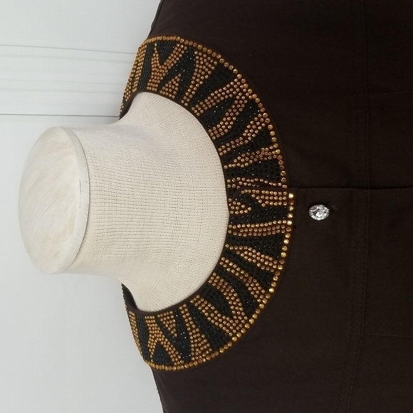 Quacker Factory SZ XL Jacket Blazer Brown Gold Studded Button Down Rhinestone - Picture 3 of 11